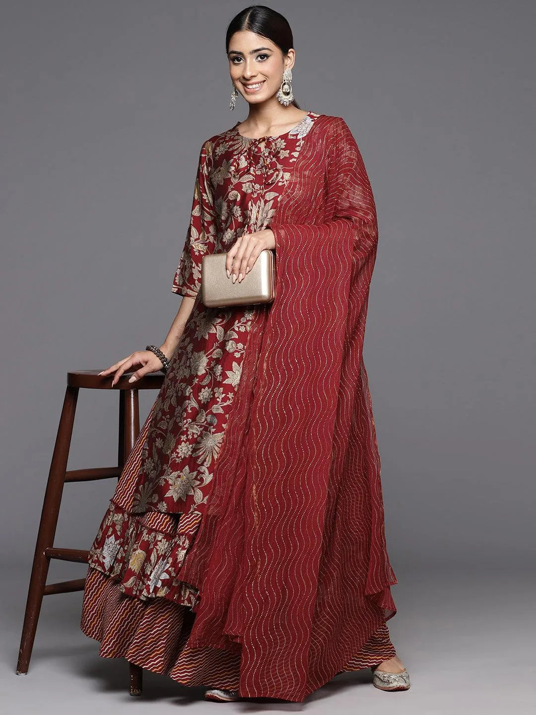 Maroon Printed Silk Blend Straight Kurta With Skirt & Dupatta - Libas 