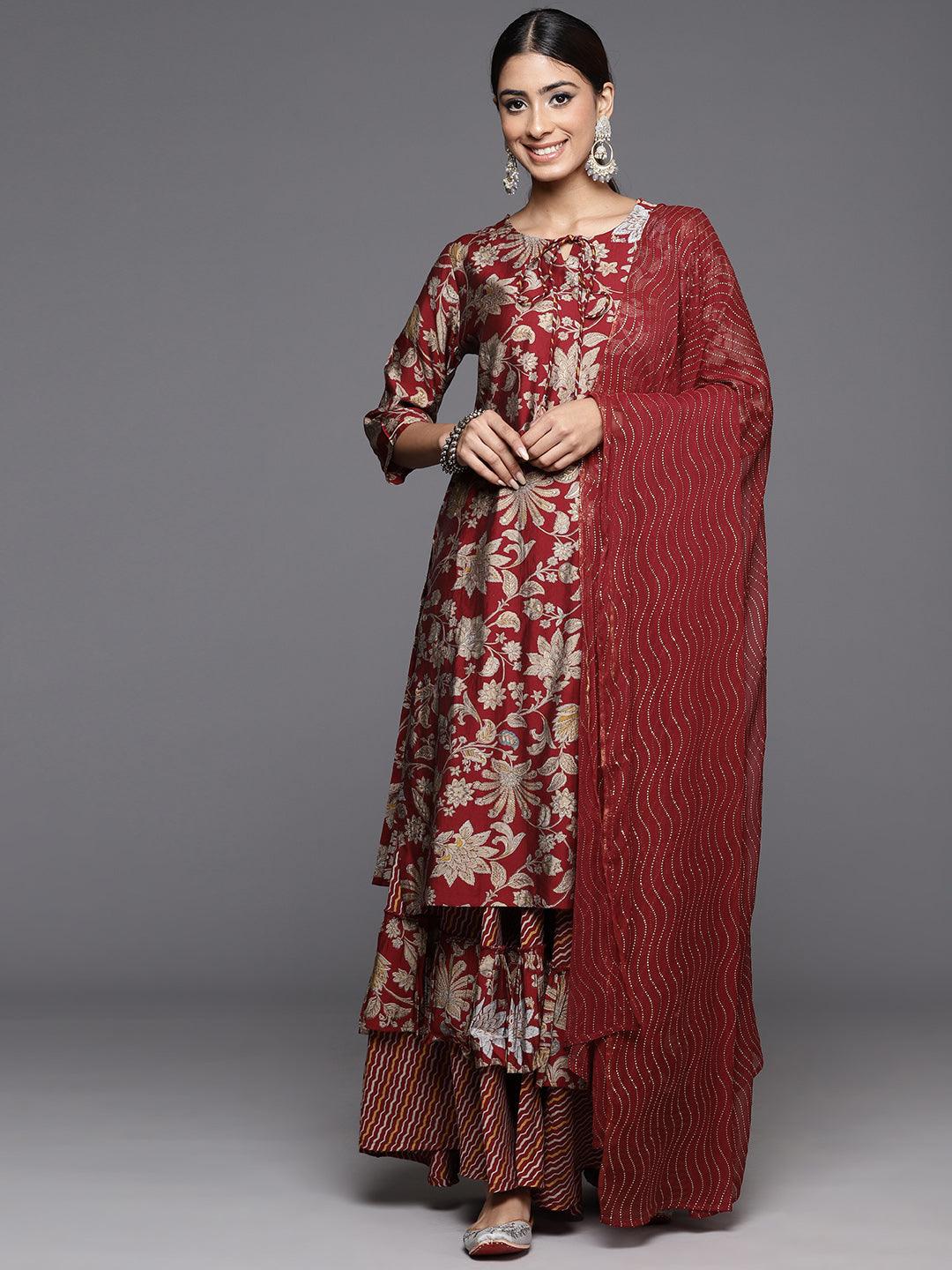 Maroon Printed Silk Blend Straight Kurta With Skirt & Dupatta - Libas