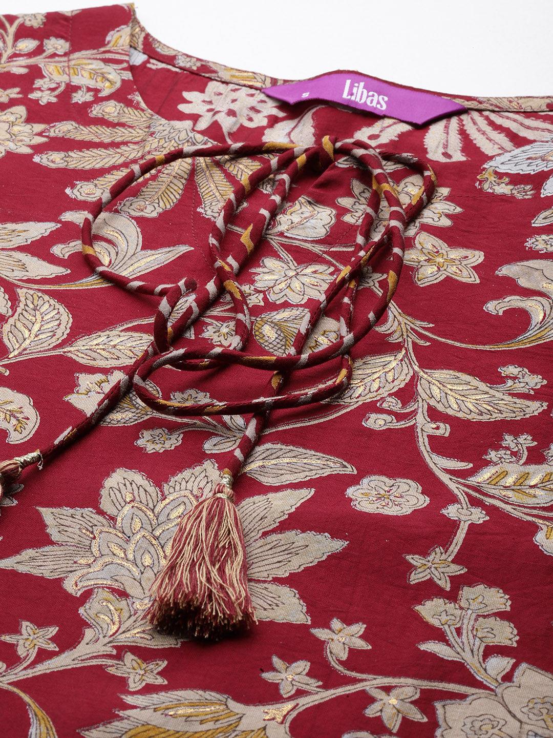 Maroon Printed Silk Blend Straight Kurta With Skirt & Dupatta - Libas