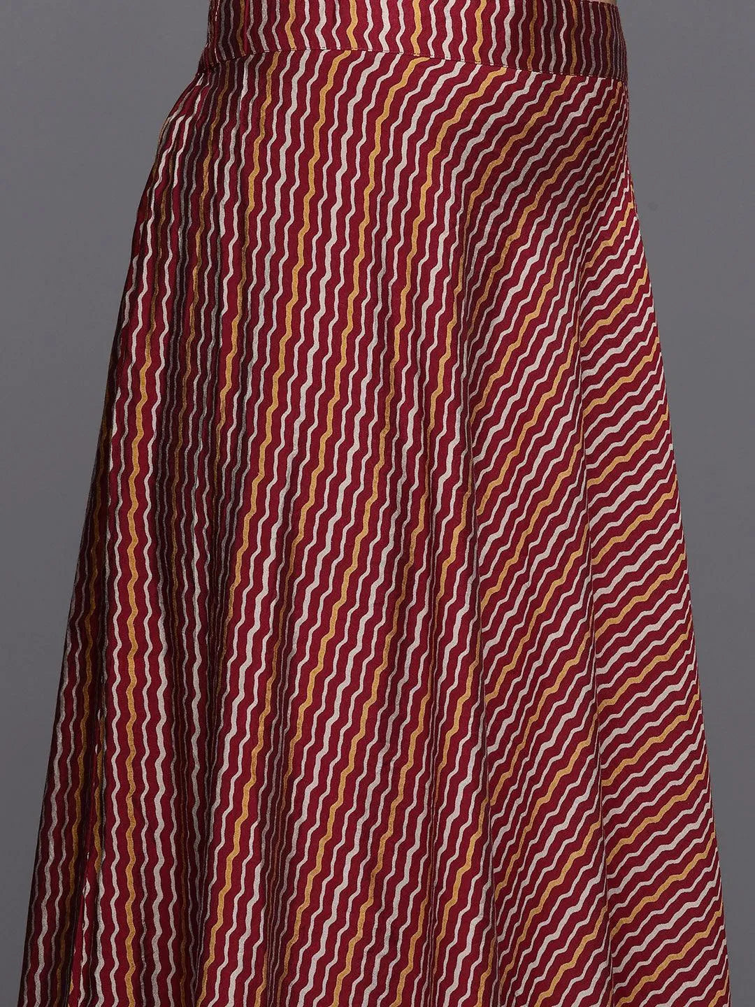 Maroon Printed Silk Blend Straight Kurta With Skirt & Dupatta - Libas 