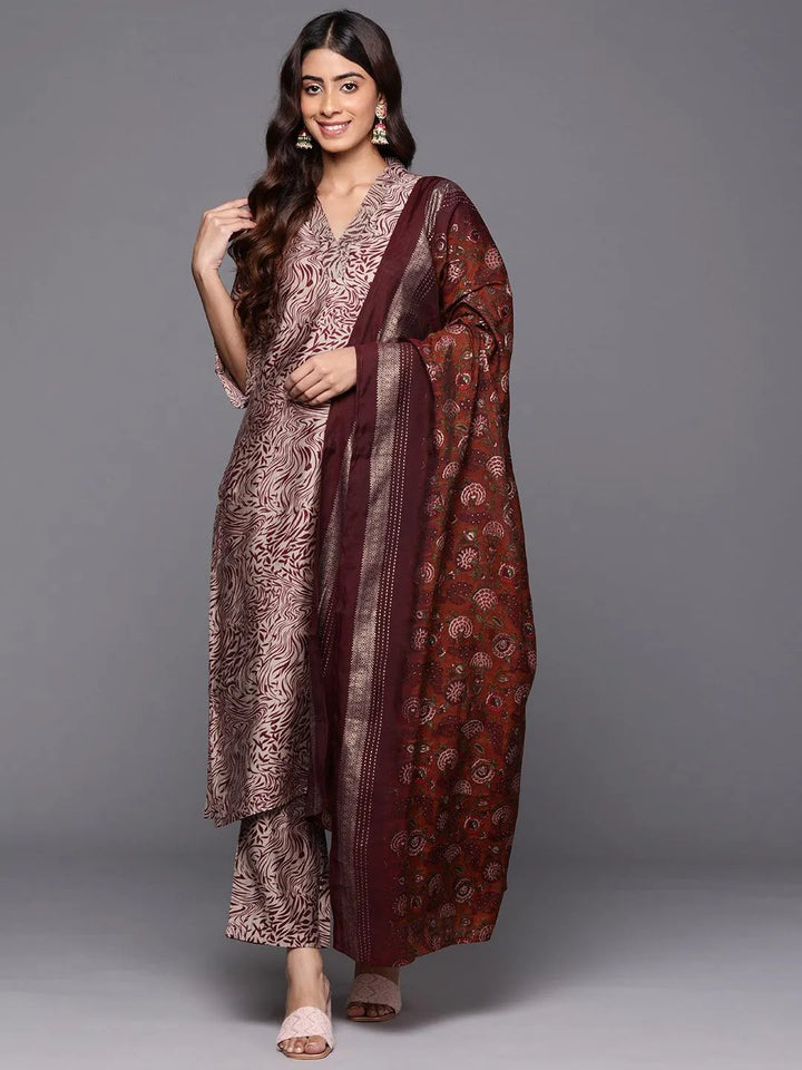 Maroon Printed Silk Blend Straight Kurta With Trousers & Dupatta - Libas