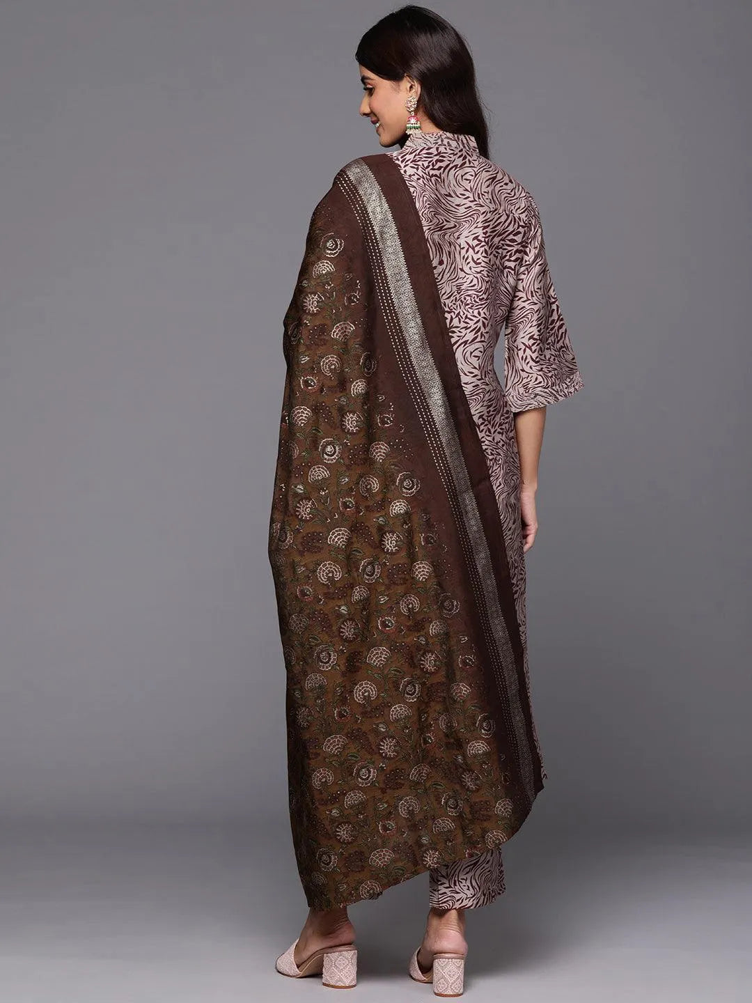 Maroon Printed Silk Blend Straight Kurta With Trousers & Dupatta - Libas 