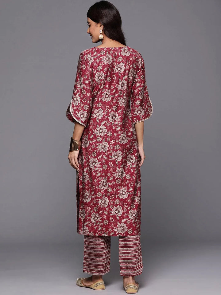 Maroon Printed Silk Blend Straight Kurta With Trousers - Libas