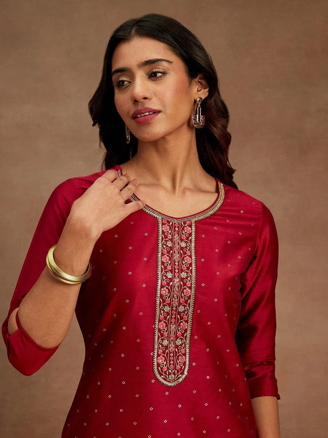 Maroon Printed Silk Straight Kurta - Libas