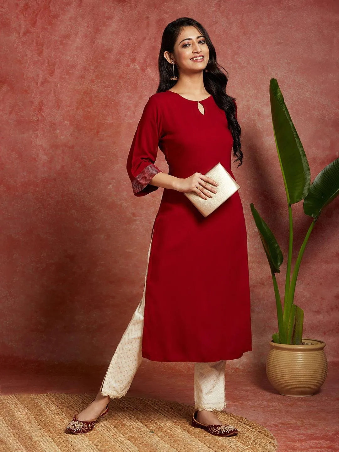 Maroon Solid Rayon Straight Kurta - Libas