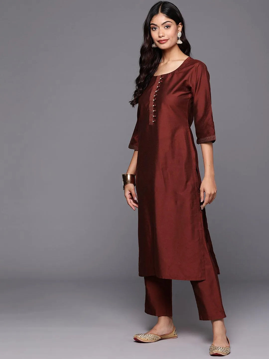 Maroon Solid Silk Blend Straight Kurta With Trousers & Dupatta - Libas 