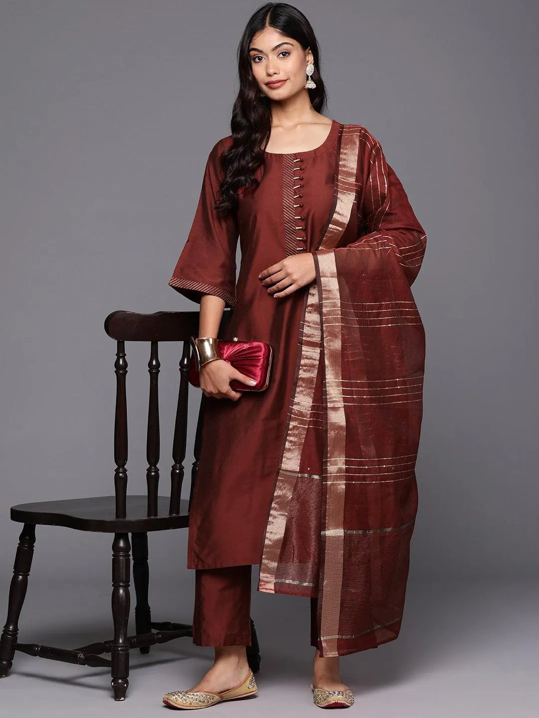 Maroon Solid Silk Blend Straight Kurta With Trousers & Dupatta - Libas 