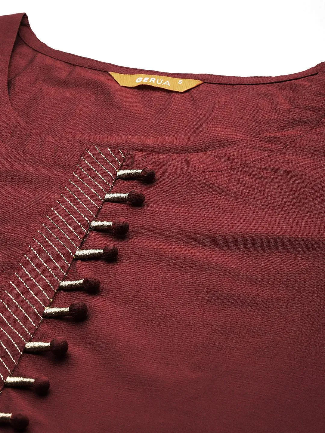 Maroon Solid Silk Blend Straight Kurta With Trousers & Dupatta - Libas 