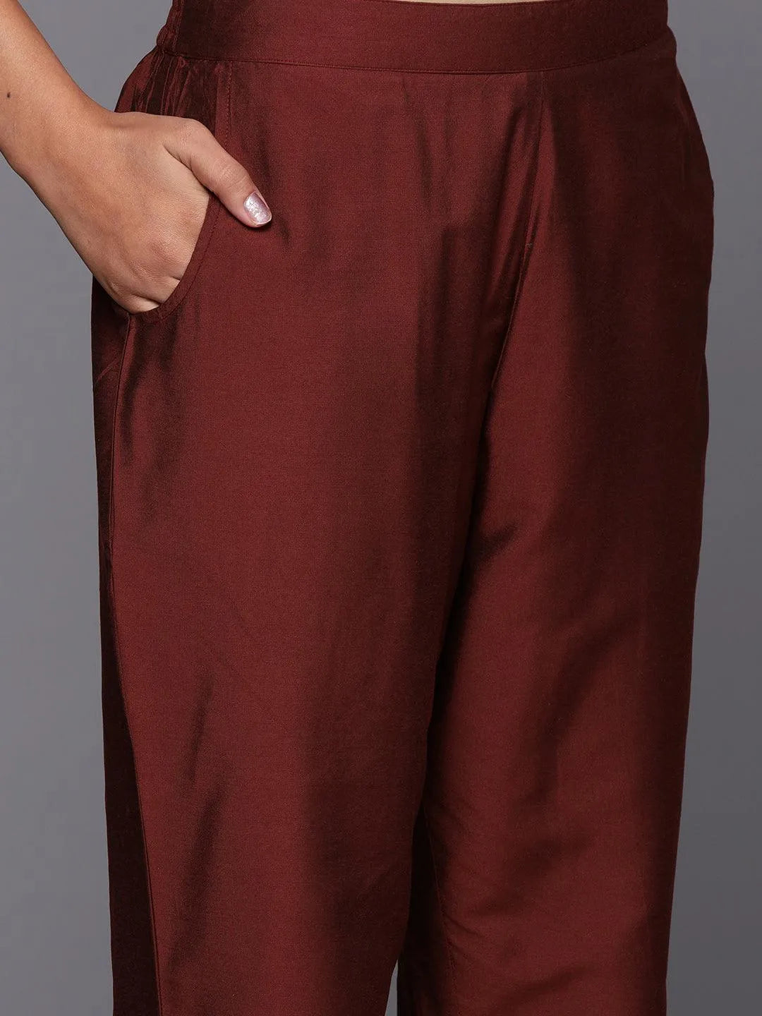Maroon Solid Silk Blend Straight Kurta With Trousers & Dupatta - Libas 