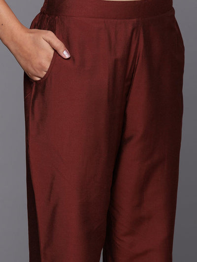 Maroon Solid Silk Blend Straight Kurta With Trousers & Dupatta - Libas