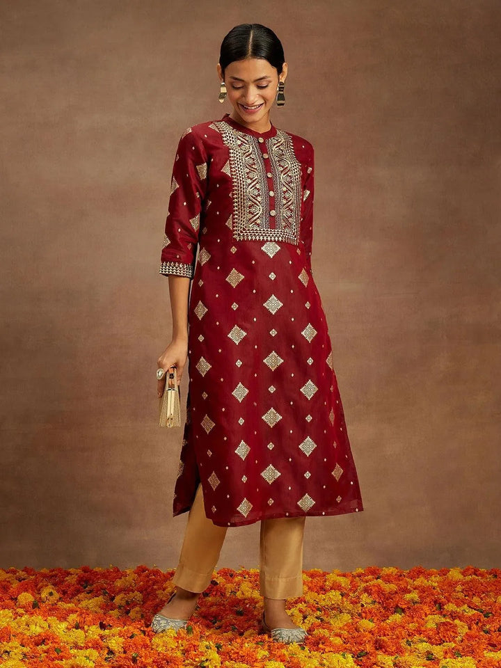 Maroon Woven Design Chanderi Silk Straight Kurta - Libas
