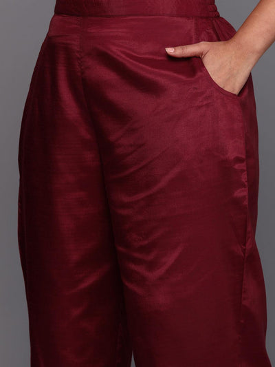 Maroon Woven Design Chanderi Silk Straight Kurta With Trousers & Dupatta - Libas