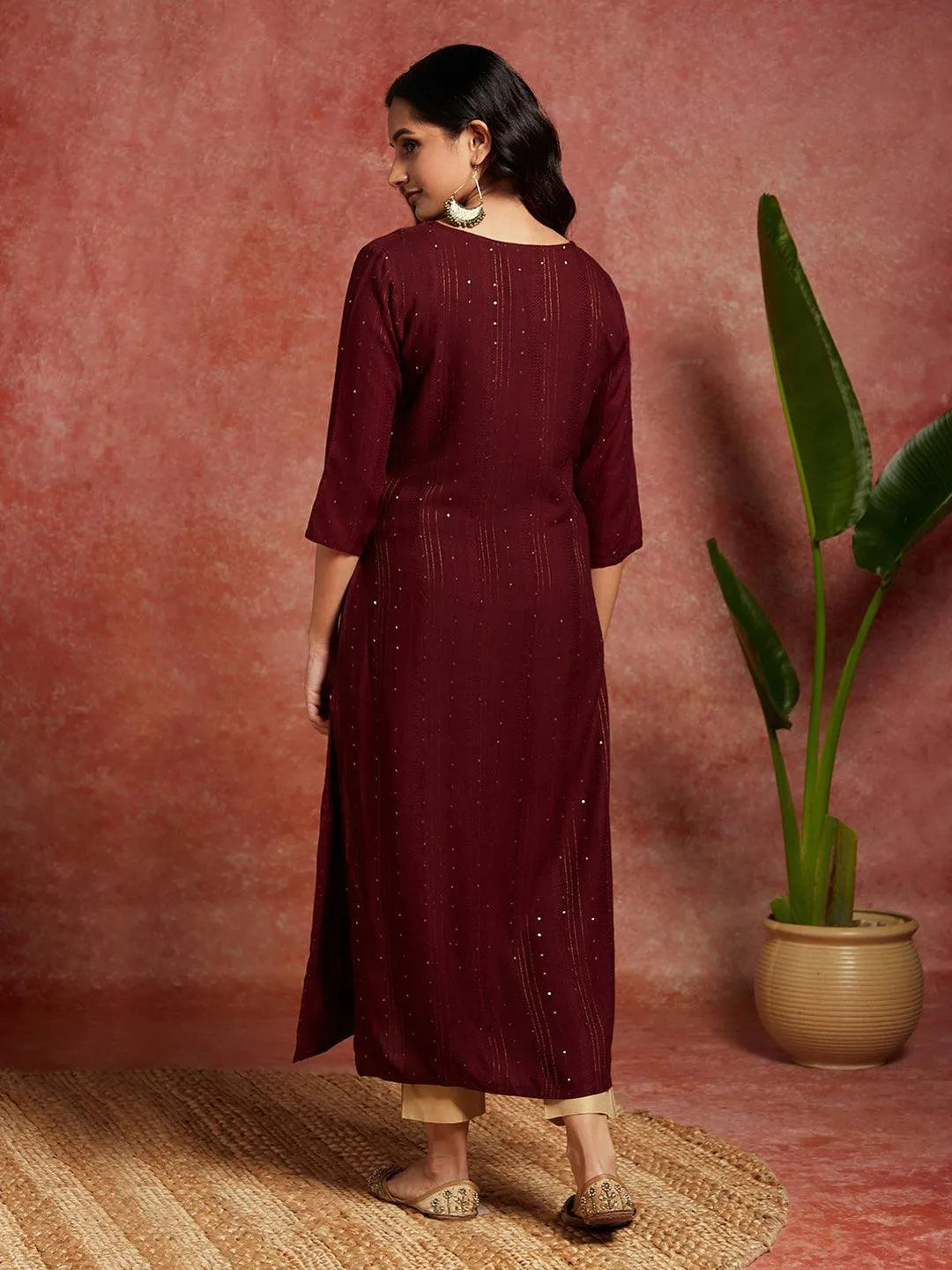 Maroon Woven Design Rayon Straight Kurta - Libas