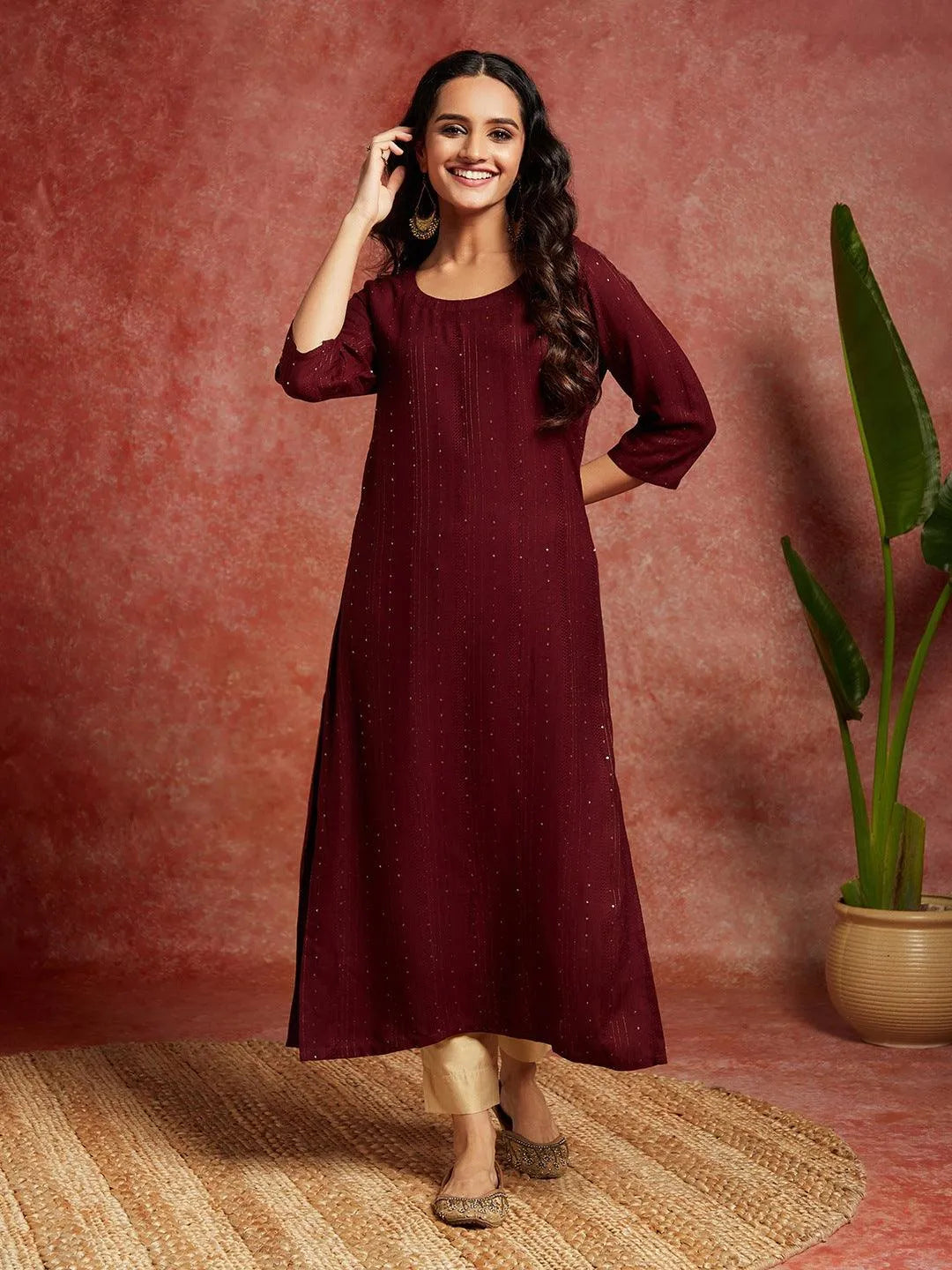 Maroon Woven Design Rayon Straight Kurta - Libas