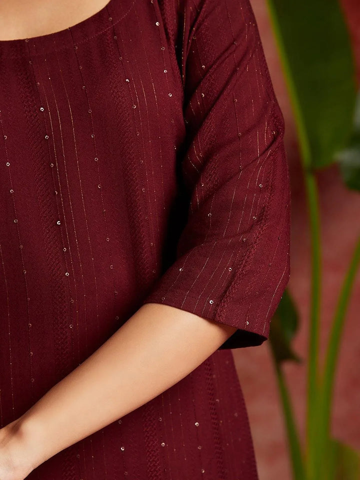 Maroon Woven Design Rayon Straight Kurta - Libas