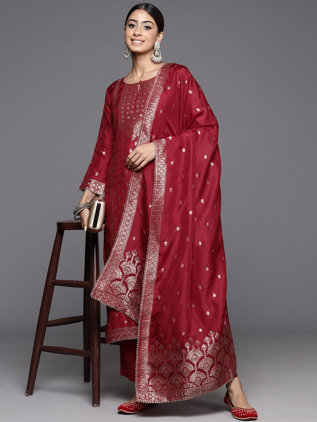 Maroon Woven Design Silk Straight Suit With Dupatta