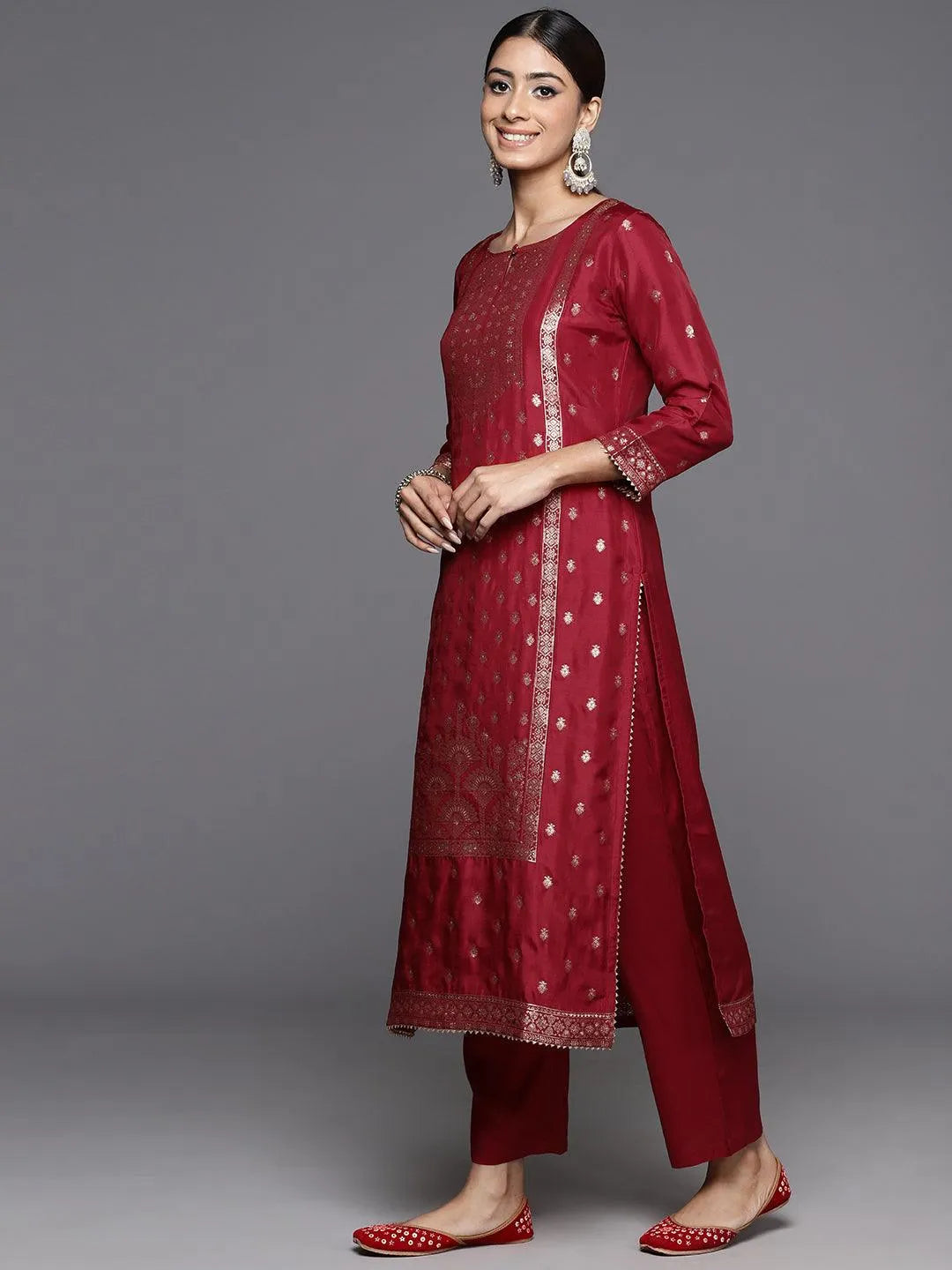 Maroon Woven Design Silk Straight Kurta With Trousers & Dupatta - Libas 