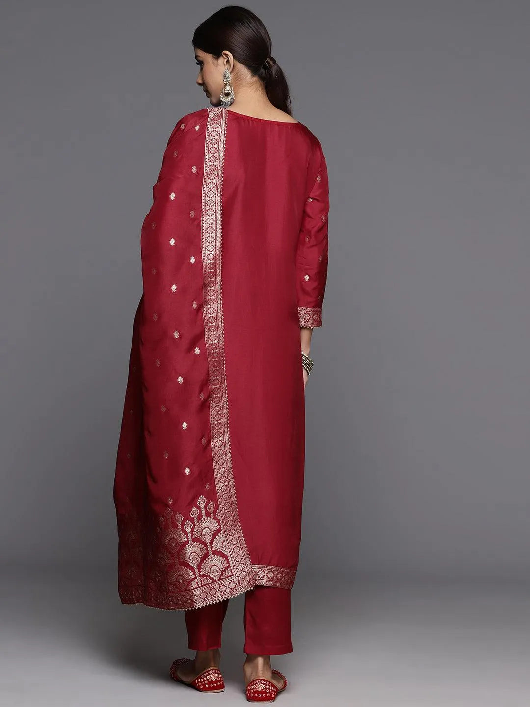 Maroon Woven Design Silk Straight Kurta With Trousers & Dupatta - Libas 
