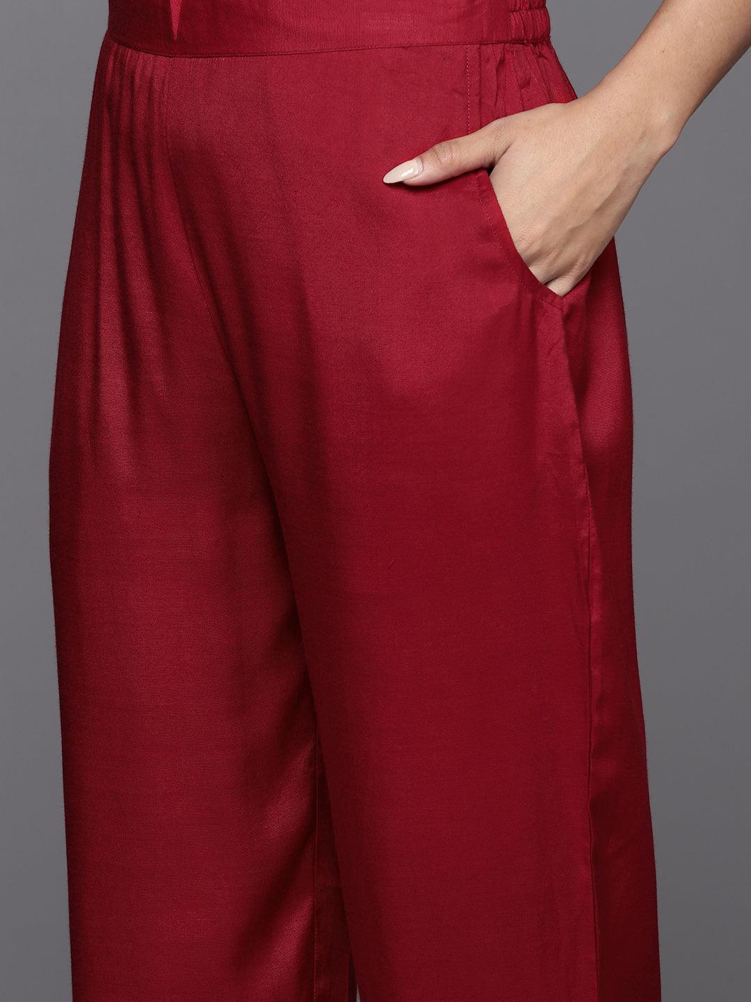 Maroon Woven Design Silk Straight Kurta With Trousers & Dupatta - Libas