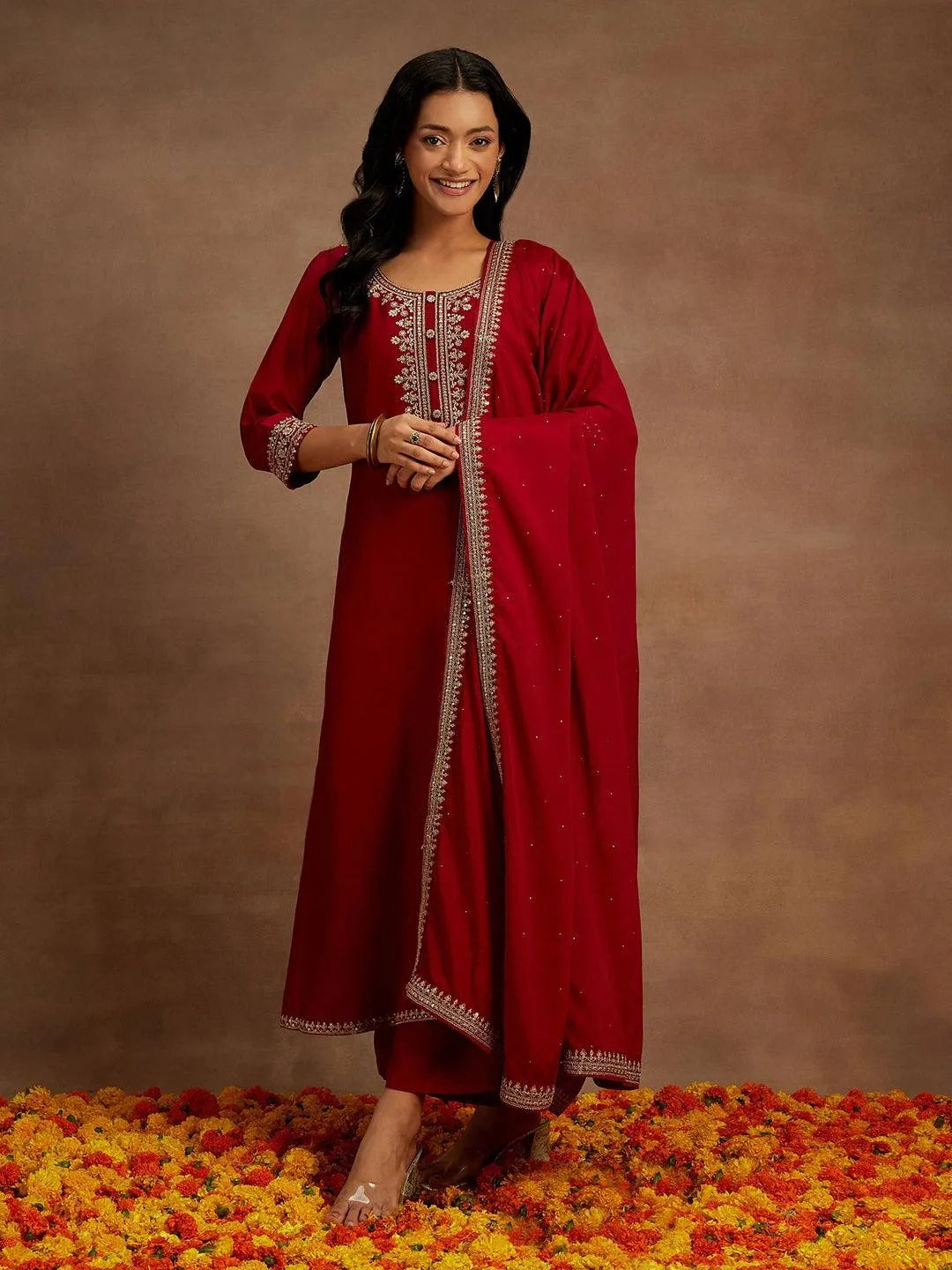 Maroon Yoke Design Silk Blend A-Line Kurta With Palazzos & Dupatta - Libas