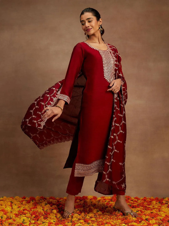 Maroon Yoke Design Silk Blend Straight Kurta With Trousers & Dupatta - Libas