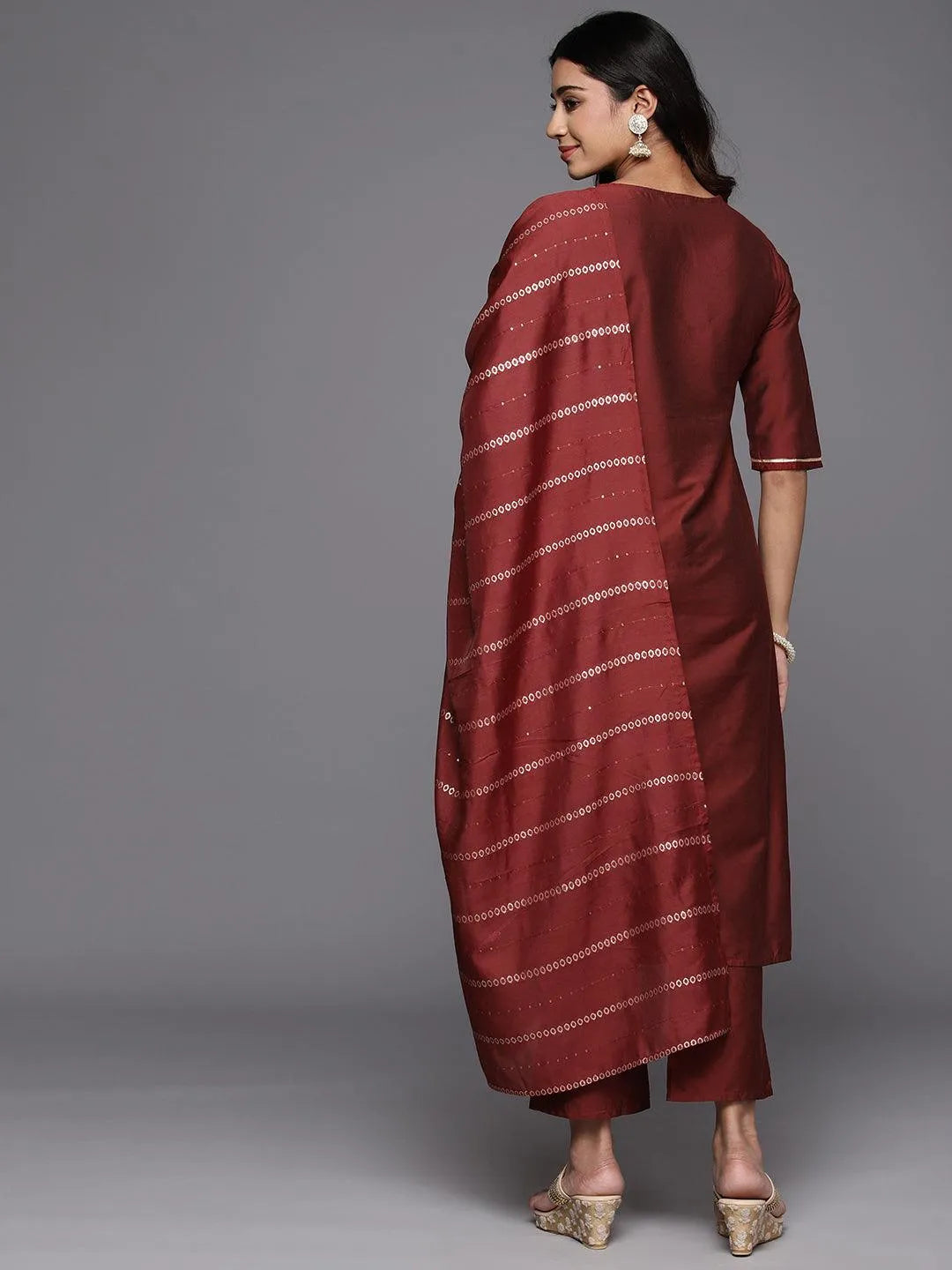 Maroon Yoke Design Silk Blend Straight Kurta With Trousers & Dupatta - Libas