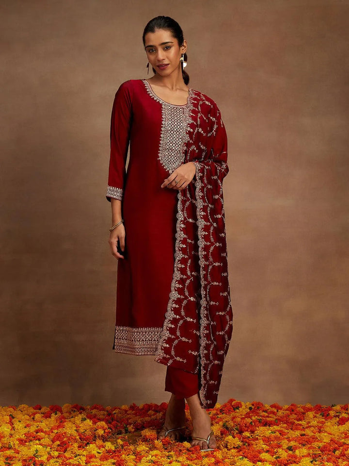 Maroon Yoke Design Silk Blend Straight Kurta With Trousers & Dupatta - Libas