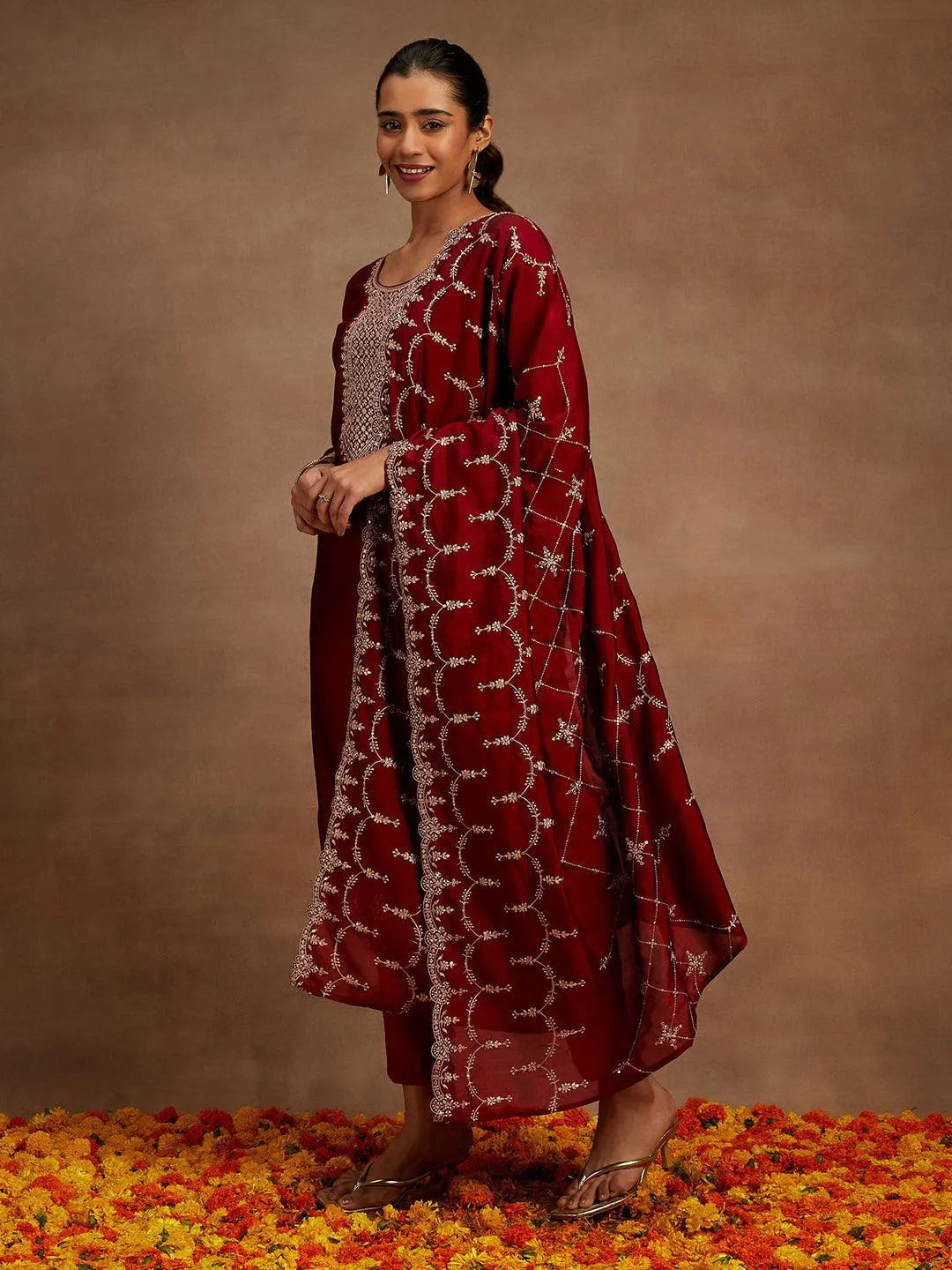 Maroon Yoke Design Silk Blend Straight Kurta With Trousers & Dupatta - Libas 