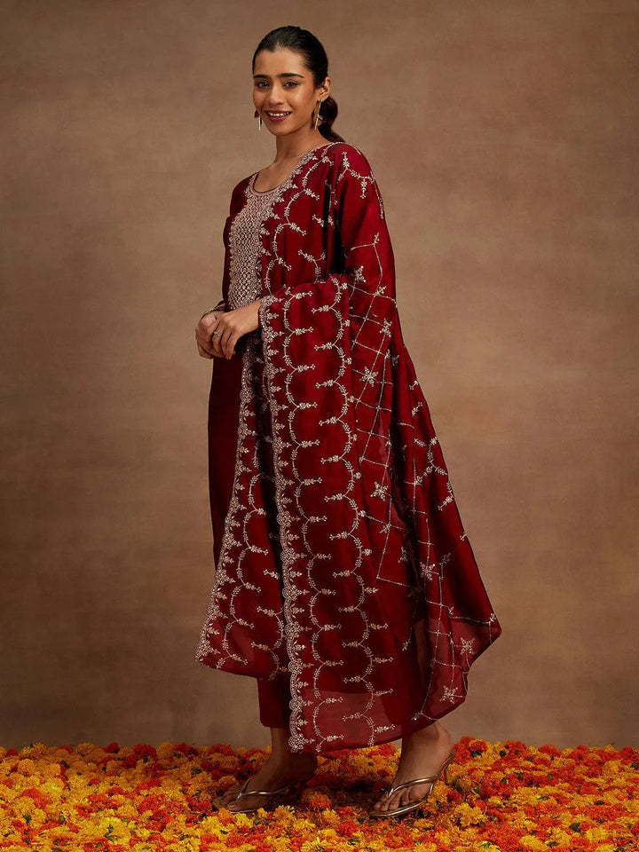 Maroon Yoke Design Silk Blend Straight Kurta With Trousers & Dupatta - Libas