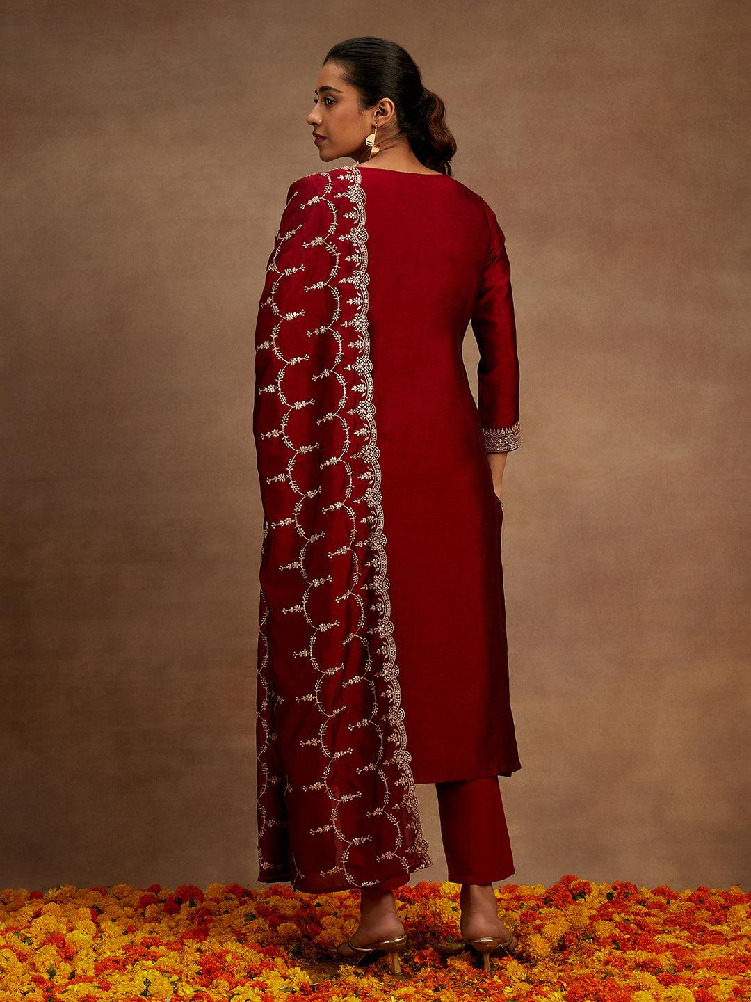 Maroon Yoke Design Silk Blend Straight Suit With Dupatta