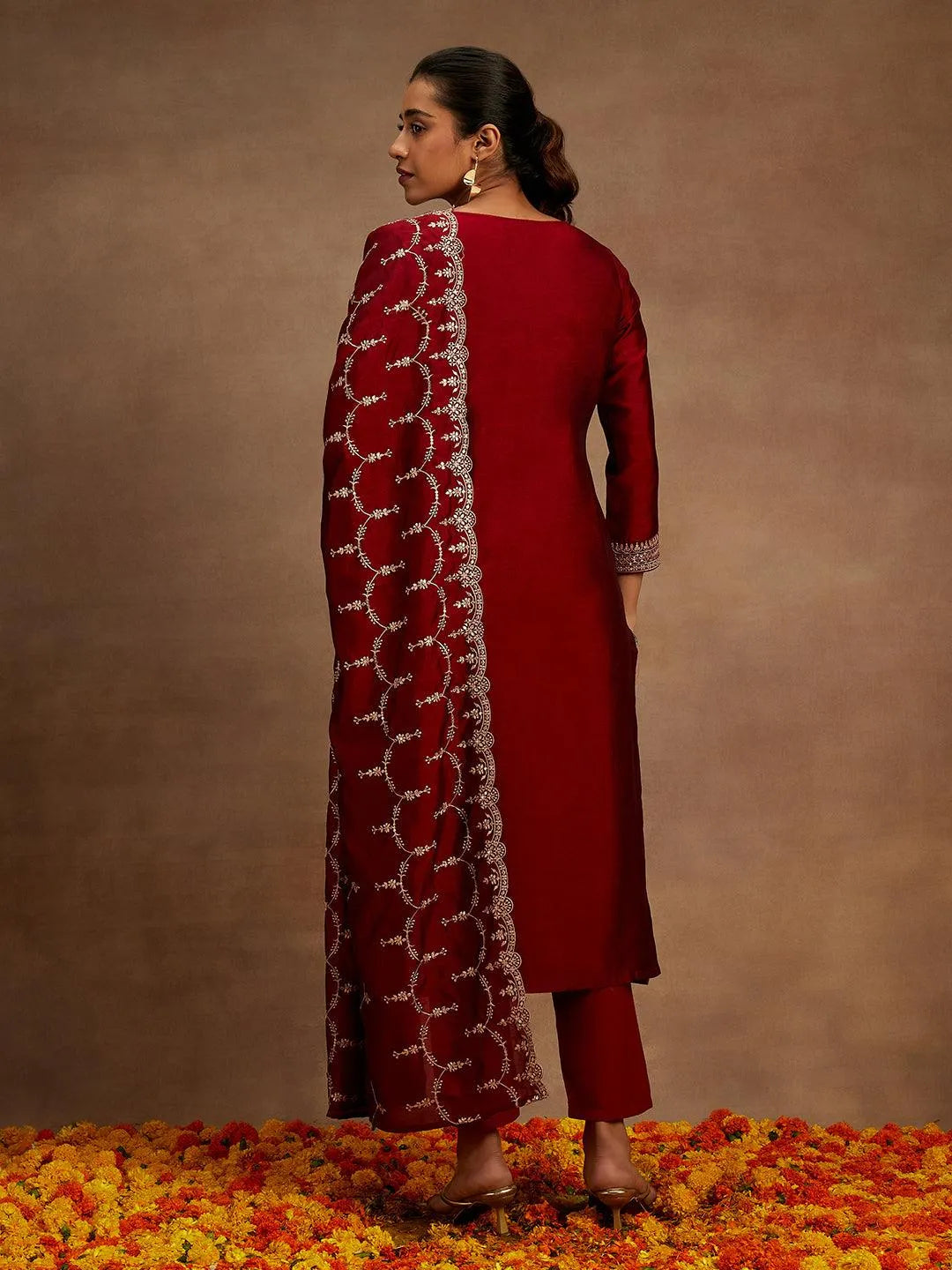 Maroon Yoke Design Silk Blend Straight Kurta With Trousers & Dupatta - Libas