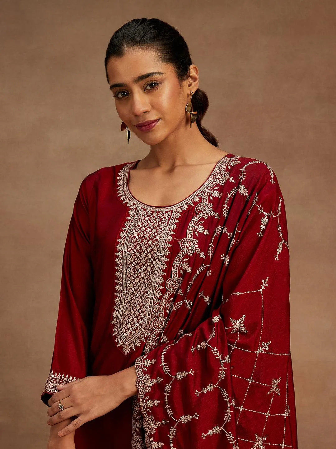 Maroon Yoke Design Silk Blend Straight Kurta With Trousers & Dupatta - Libas 