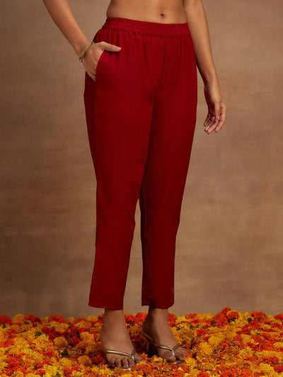 Maroon Yoke Design Silk Blend Straight Kurta With Trousers & Dupatta - Libas