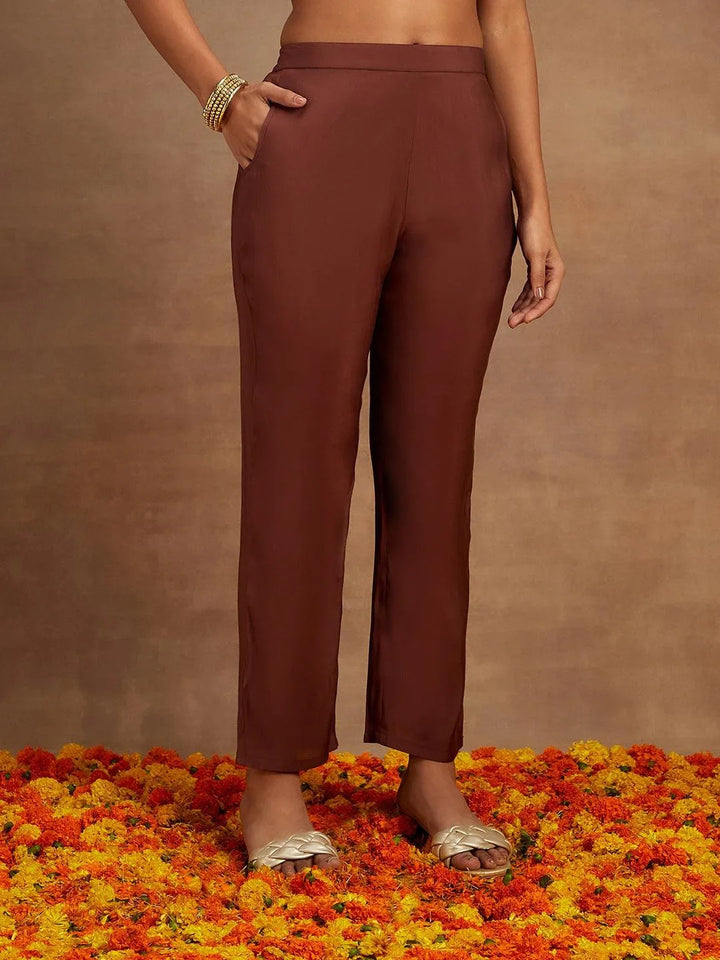 Mauve Printed Silk Blend Straight Kurta With Trousers & Dupatta - Libas