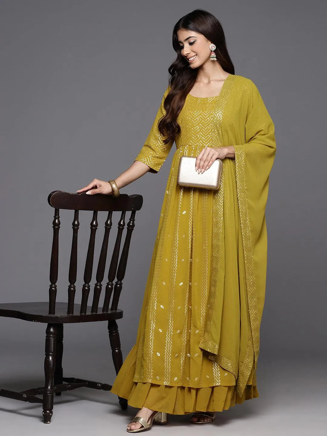 Mustard Embroidered Georgette A-Line Kurta With Palazzos & Dupatta - Libas