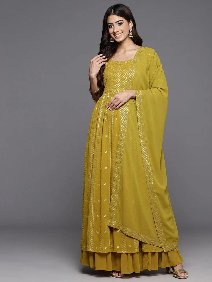 Mustard Embroidered Georgette A-Line Kurta With Palazzos & Dupatta - Libas