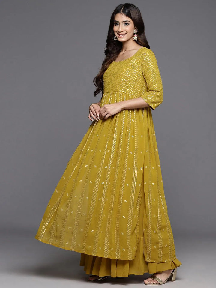 Mustard Embroidered Georgette A-Line Kurta With Palazzos & Dupatta - Libas