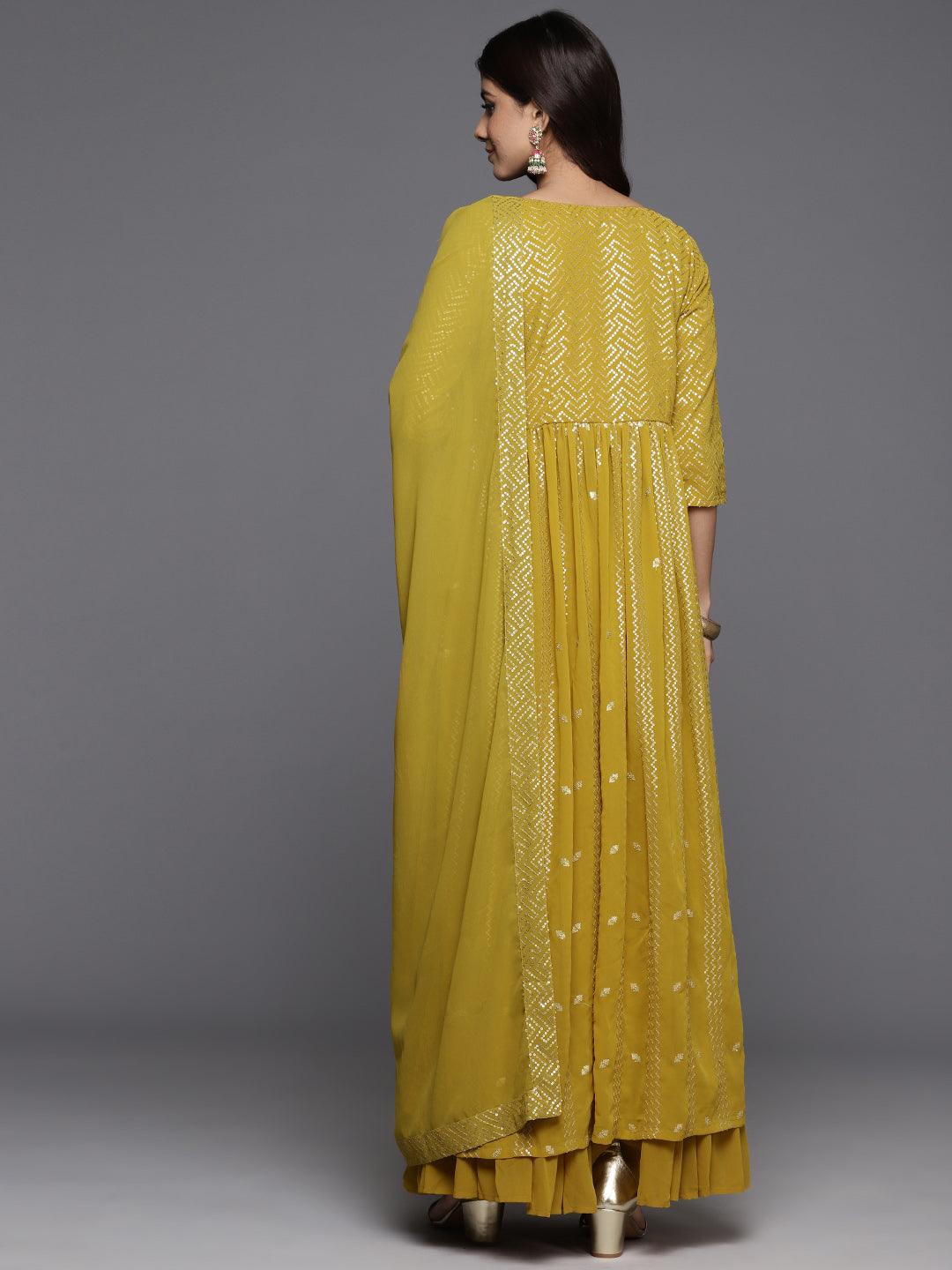 Mustard Embroidered Georgette A-Line Kurta With Palazzos & Dupatta