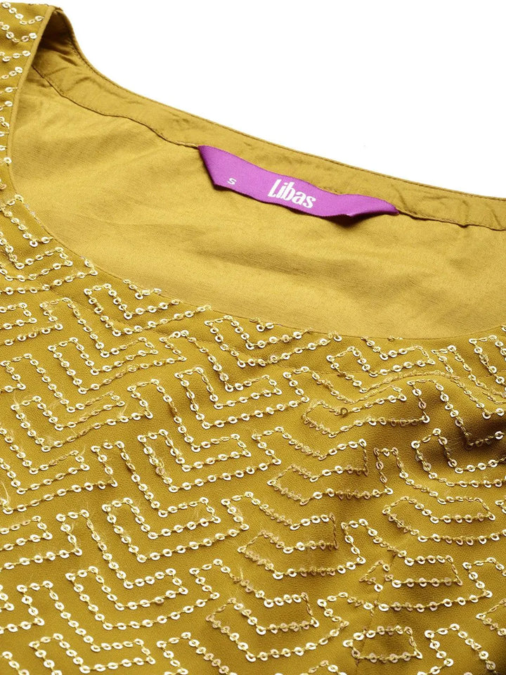 Mustard Embroidered Georgette A-Line Kurta With Palazzos & Dupatta - Libas