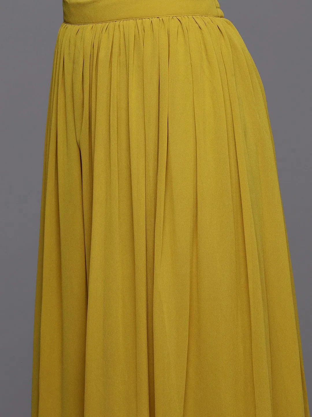 Mustard Embroidered Georgette A-Line Kurta With Palazzos & Dupatta - Libas 