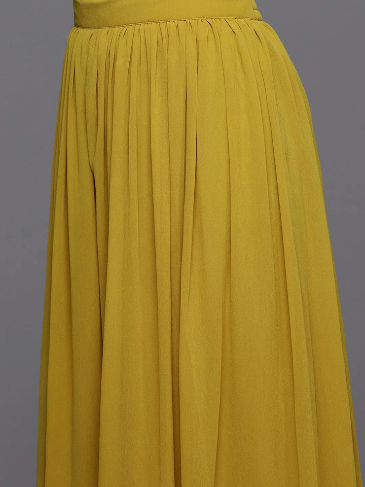 Mustard Embroidered Georgette A-Line Kurta With Palazzos & Dupatta - Libas
