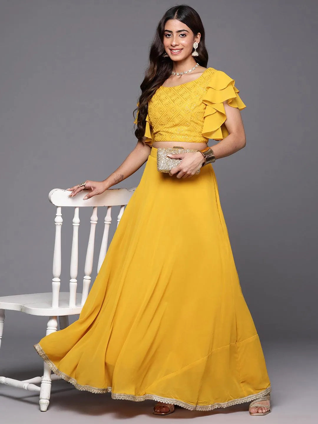 Mustard Embroidered Georgette Lehenga