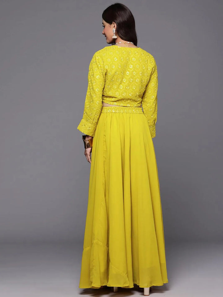 Mustard Embroidered Georgette Lehenga - Libas