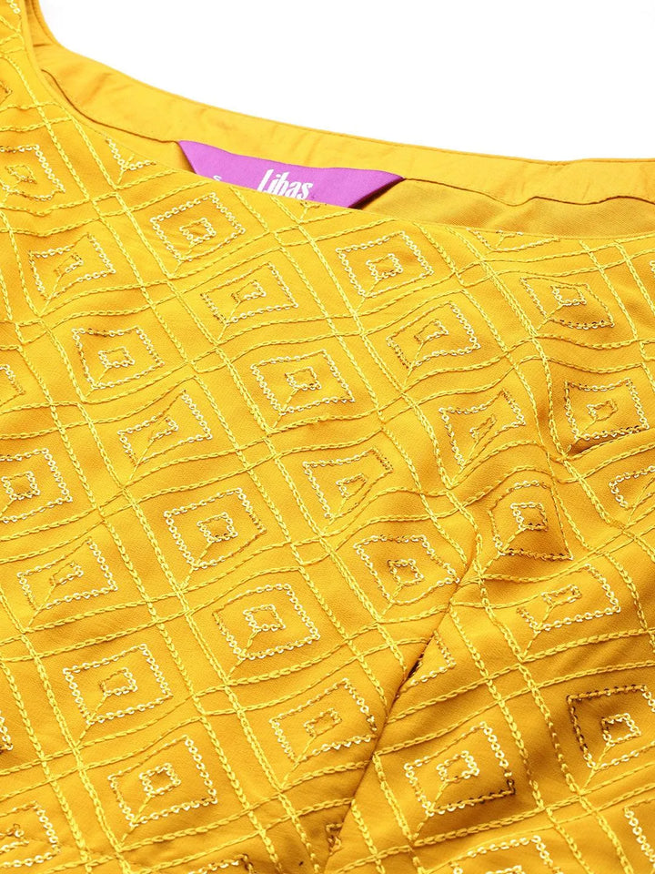 Mustard Embroidered Georgette Lehenga - Libas