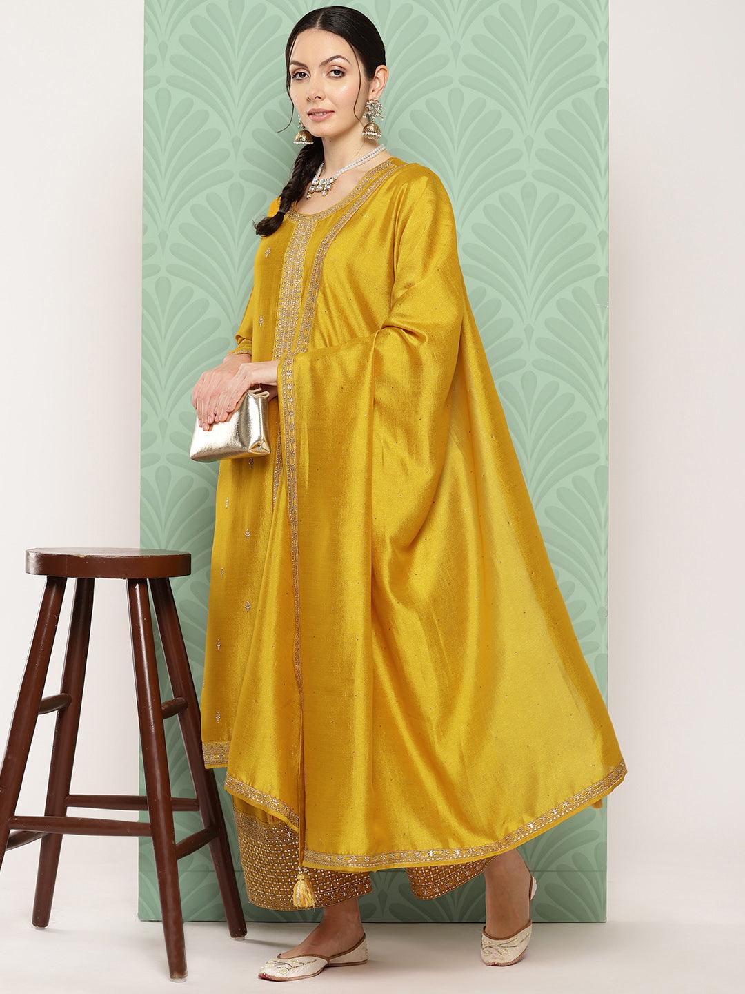 Mustard Embroidered Silk Blend Straight Suit With Dupatta