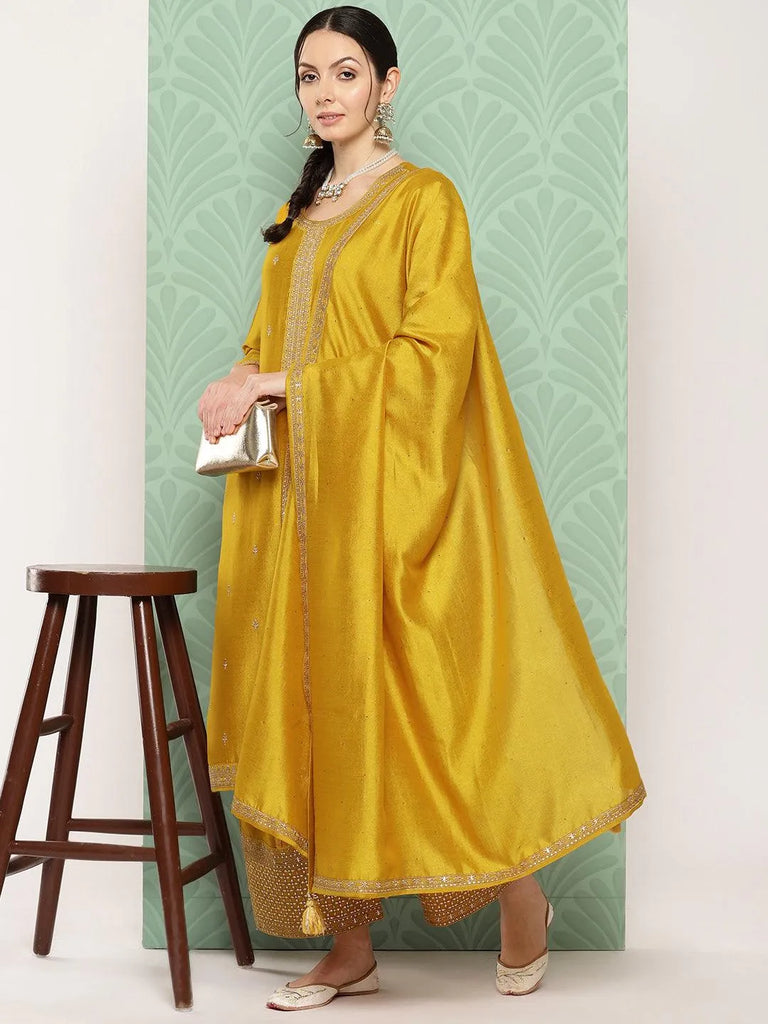 Libas Mustard Embroidered Silk Blend Straight Suit With Dupatta