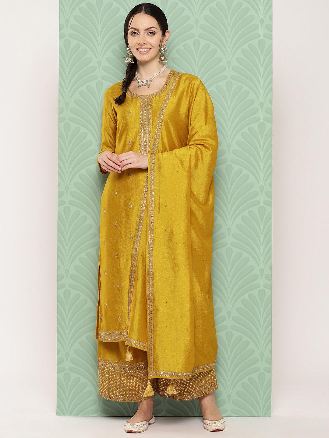 Mustard Embroidered Silk Blend Straight Suit With Dupatta