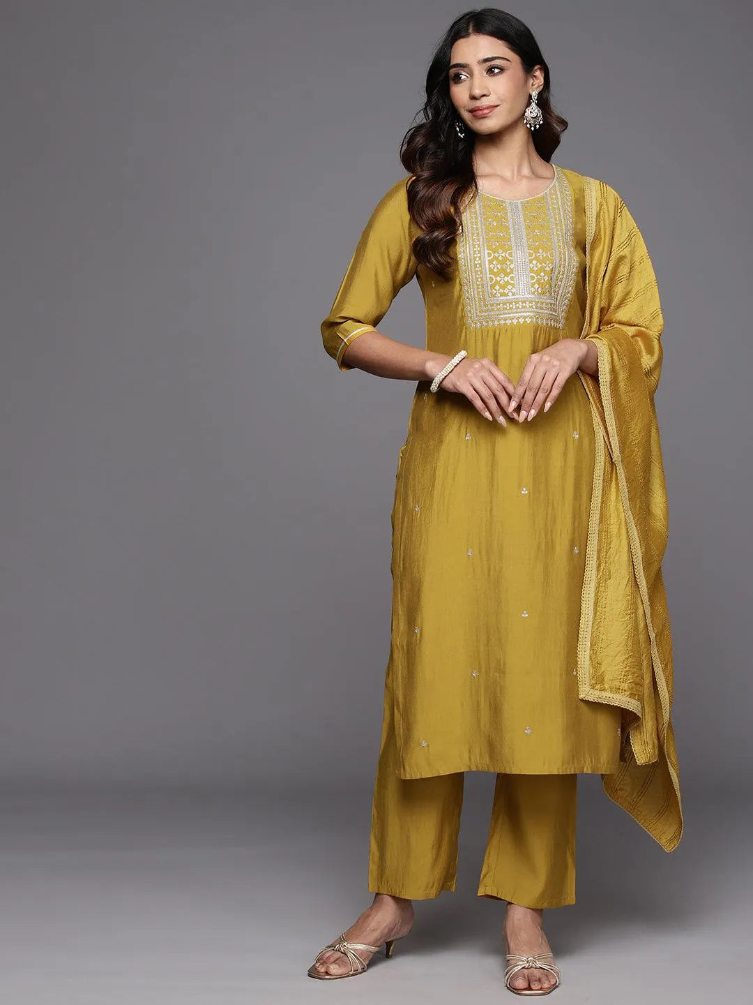 Mustard Embroidered Silk Blend Straight Kurta With Trousers & Dupatta - Libas