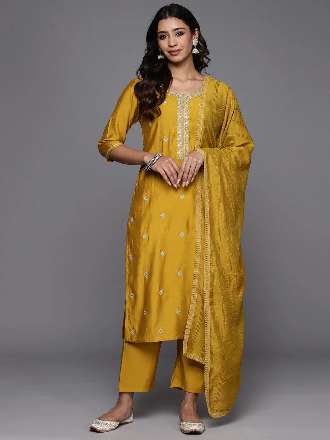Buy Mustard Embroidered Silk Blend Straight Suit With Dupatta Online at