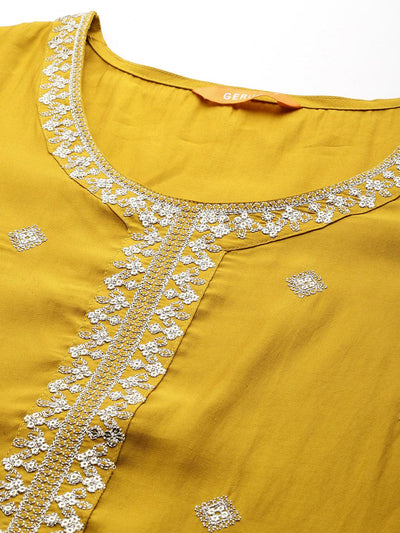 Mustard Embroidered Silk Blend Straight Kurta With Trousers & Dupatta - Libas